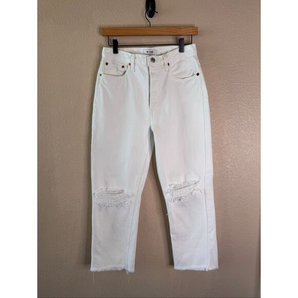Re/Done Denim - Re/Done 70s Stove Pipe Jeans Womens 27 White Distressed Denim Cropped Raw Hem